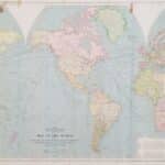 2023-036-05 Canada Department of Mines and Resources Map of the World. One of a series of seven maps taken from the walls of the one-roomed schoolhouse of School Section #15, Blessington Road, Tyendinaga Township when it closed in around 1963. Donated by David McAvoy in April 2023.