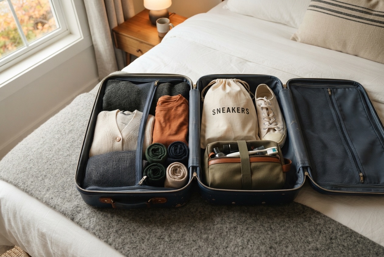 Open handbagagekoffer met opgevouwen truien, opgerolde sokken en sneakers in een schoenenzak